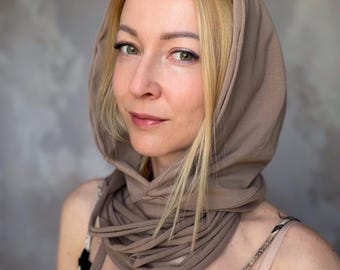 Dark Beige Hood with Decorative Necklace, Cotton Cowl, Lightweight Hooded Scarf, Stylish Head Covering. Gift idea. Worldwide shipping.