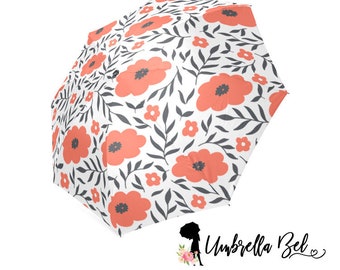 Umbrella, Red poppy flowers and black leaves rain umbrella for women, cute umbrella, umbrella for woman, umbrella with floral pattern