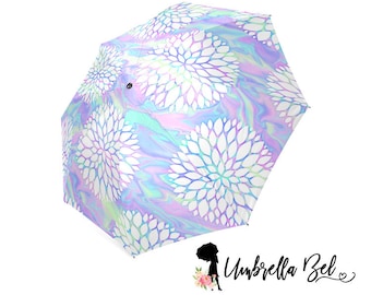 Umbrella, Blue purple iridescent style with flower bursts rain umbrella for women, unique umbrella, pretty umbrella