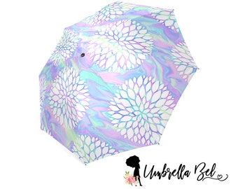 Umbrella, Blue purple iridescent style with flower bursts rain umbrella for women, unique umbrella, pretty umbrella