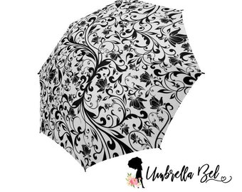 Black floral french motif rain umbrella for women