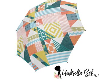 Orange geometric quilted pattern rain umbrella for women