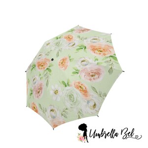 Peach and pink roses on green background rain umbrella for women