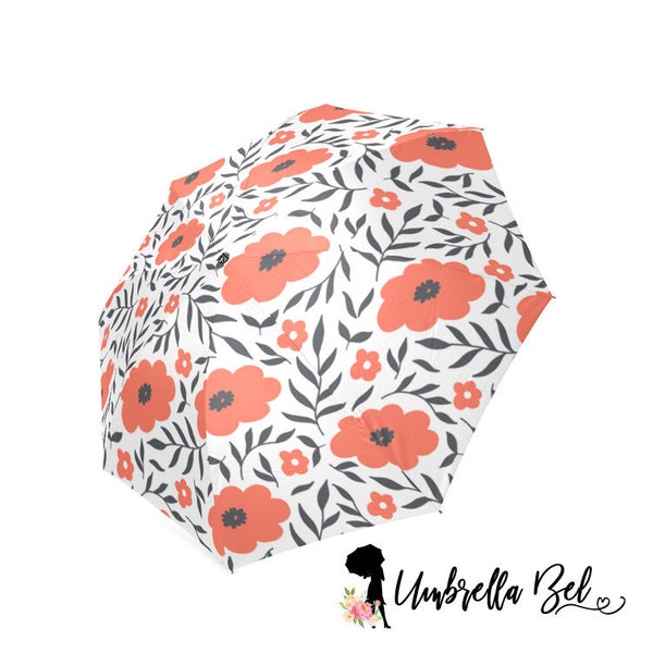 Parapluie, fleurs de pavot rouge et parapluie de pluie de feuilles noires pour les femmes, parapluie mignon, parapluie pour femme, parapluie avec motif floral