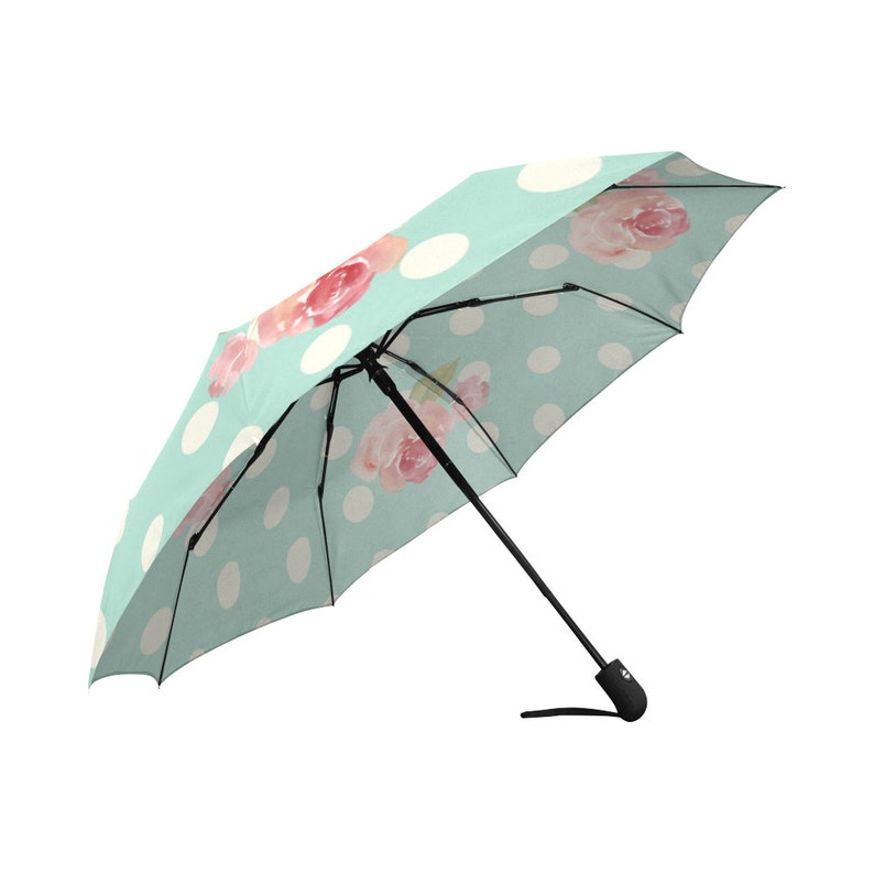 Polka Dot and Rose Umbrella, Blue and White Umbrella, Rose, Rain