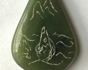 Vintage Chinese Jade Bottle-shaped Pendant, Mountains & Fish Engravings, 1 1/2”