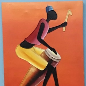 Vintage Original 3D Oil On Canvas, African Drummer/ Musician Subject, Signed
