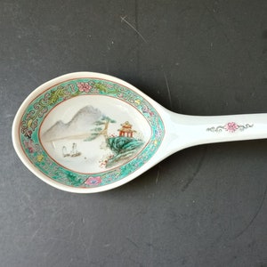 Large Vintage Chinese Hand Painted Porcelain Serving Spoon, Turquoise, Marked
