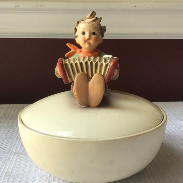 Large Vintage Hummel Goebel Porcelain “Let’s Sing” Trinket Box Accordion Player on Top, Made in West Germany