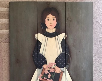 Old Vintage American Folk Art Oil Painting On Wood Panel Of A Girl