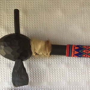African Vintage Decorated Ceremonial Wooden and Brass/Copper Ax