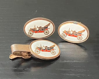 Vintage Cufflinks & Tie Clip Set With Antique Car Design/ VTG Men’s Accessories
