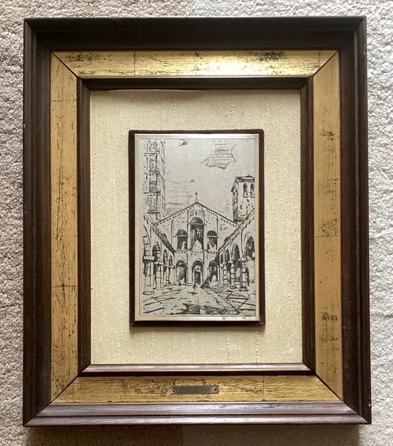 Vintage Italian Silver 800 Engraving Art Plaque of Basilica Di