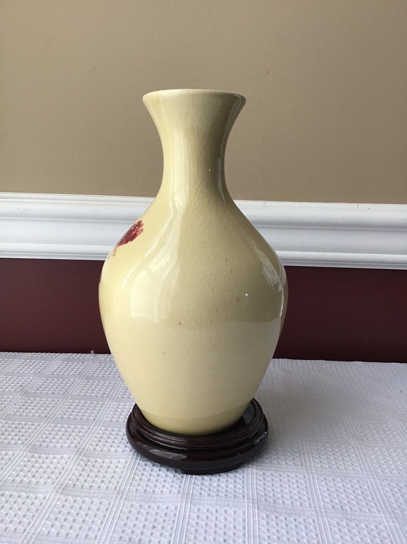 Vintage Chinese Porcelain Vase, Handpainted Under Glaze, 9 5/8” Tall, yellow with flowers image 4