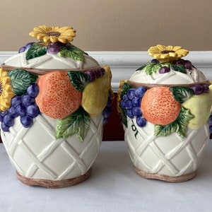 Lot of 2 VTG Tommy China Ceramic Jars/ Canisters, Fruit & Sunflower Design