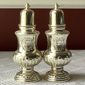 Pair of Two Japanese Metal Salt & Pepper Shakers with Coat of Arms, Heavy
