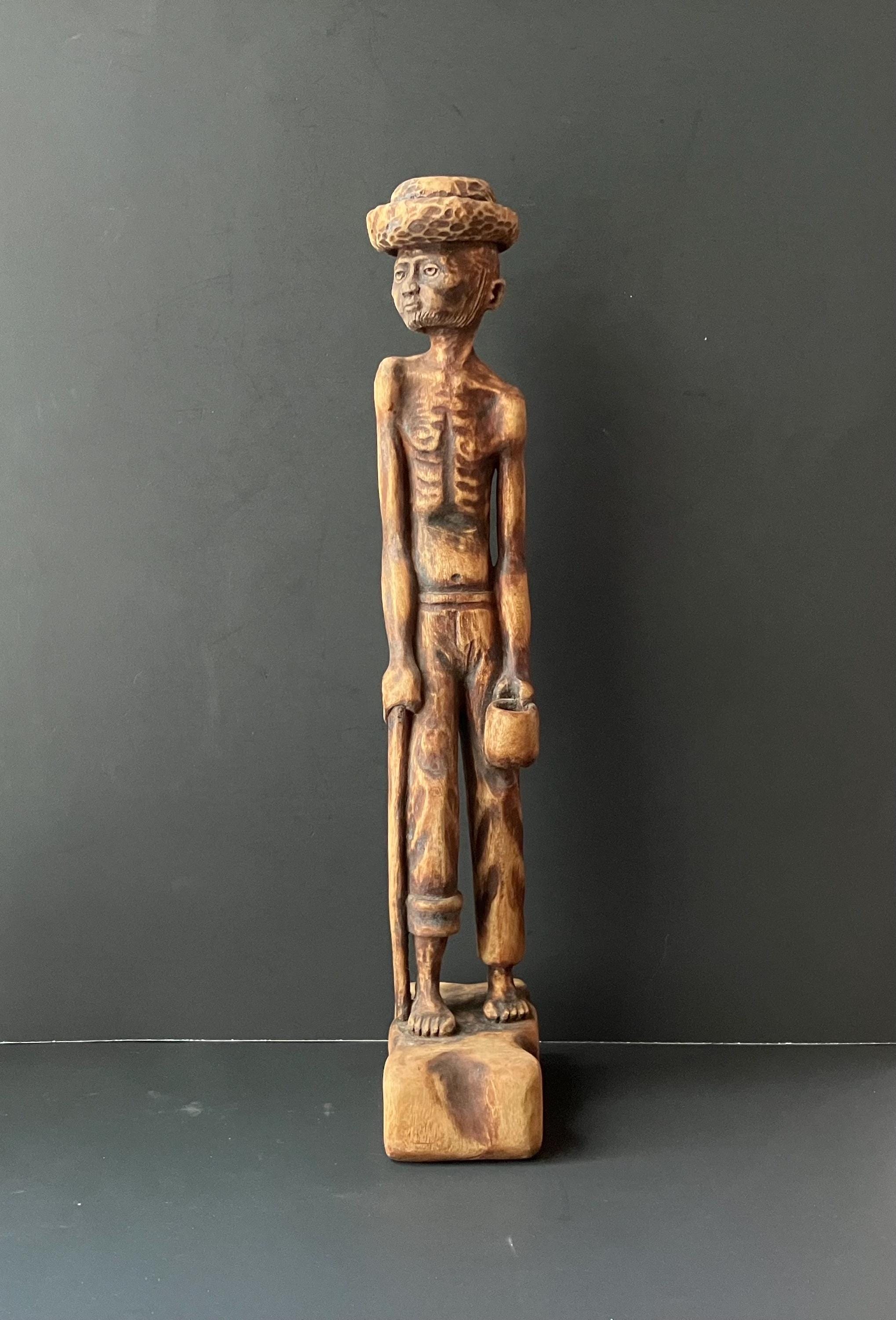 ウッドカービング　イタリア製手彫り木製少年男性ミュージシャン像 ペア 彫刻 VTG Wooden Carved Statue of Man by Haitian Artist Hernot Versaint