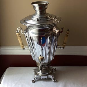 Antique Russian Batachev of Tula Samovar, Conical Silver Tone, Marked, Condition