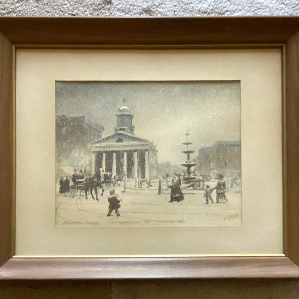 VTG Original Lithograph Pochoir P Memorial Square Winter 1880 Davis Gray