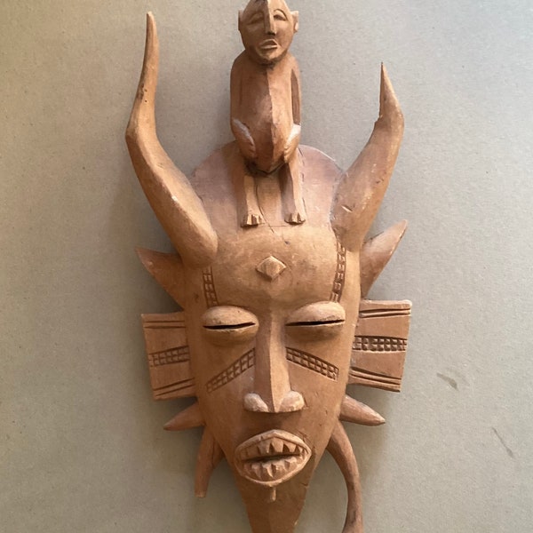 VTG Senufo Ivory Coast Carved Wooden Mask/ West African Wall Decor, 18 3/8” T.