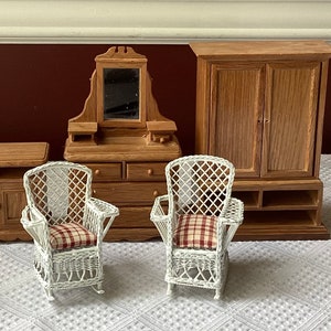 Vintage Miniature Doll Furniture: 2 Rocking Chairs, Chest, Mirrored Dresser & Side Table