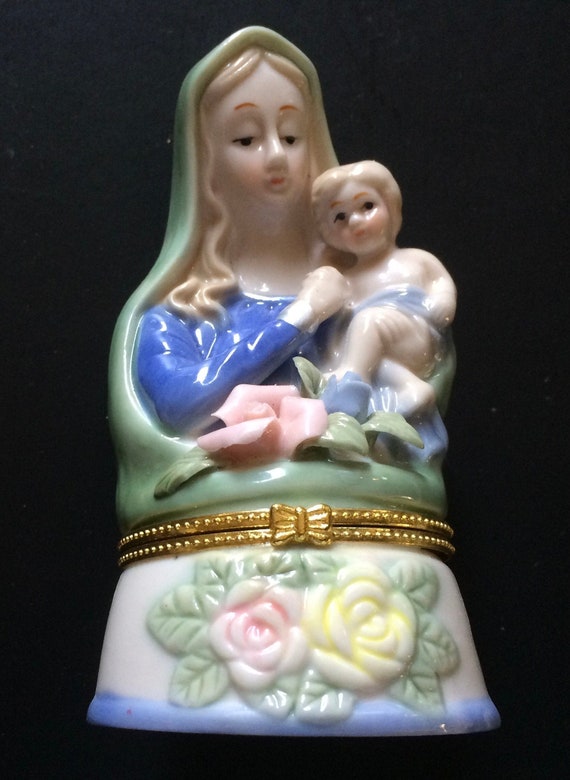 Vintage Porcelain Trinket Box, Mary & Jesus, Reli… - image 1
