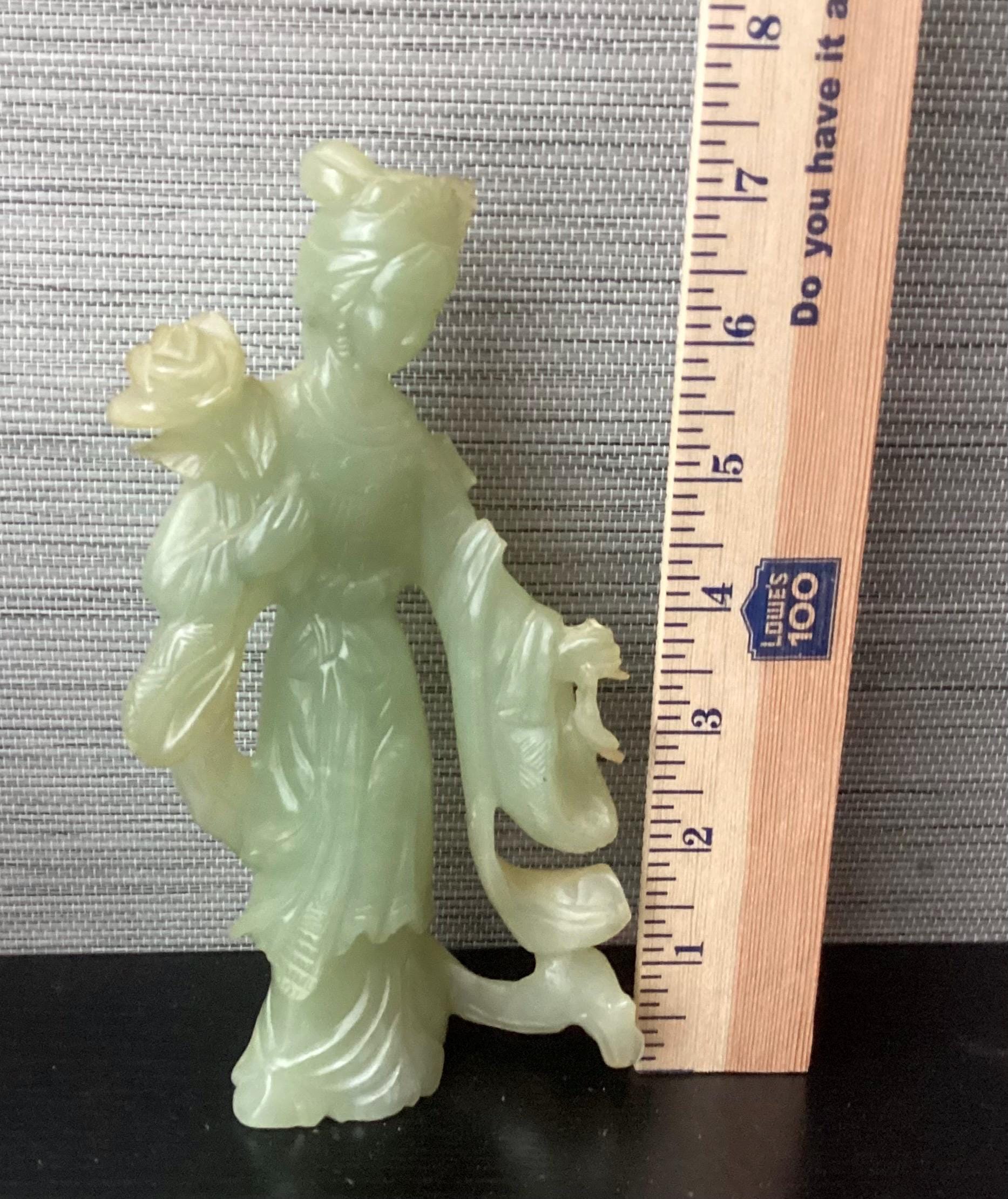 Vintage Chinese Green Jade Figurine With Wooden Base, 7 1/4