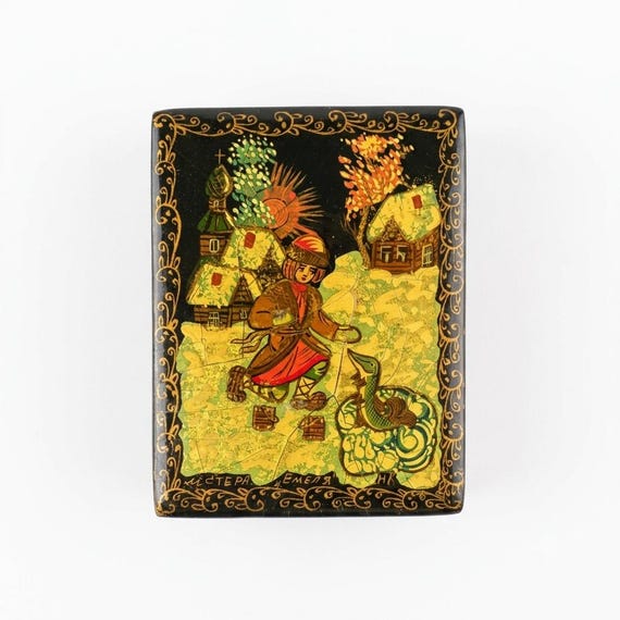 VTG Mstera Russian Signed Lacquer Box Emelya & the Pike Hand Painted Trinket Box