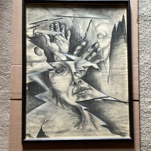 VTG Original Charcoal Modern Drawing, Unsigned, Framed