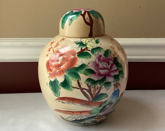 VTG Large Chinese Porcelain Bird & Flower Ginger Jar, 10” x 7 3/4”, Marked