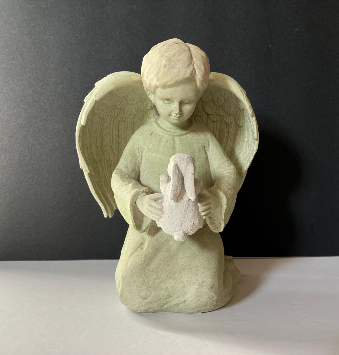 Angel Holding Rabbit VTG Kneeling Garden Angel With Outstretched Wings Holding Rabbit, 8” T ...