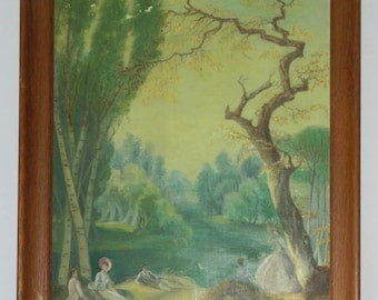 Vintage Oil Painting, Picnic in Woods, Framed, Signed: E.H. Butler,- '63