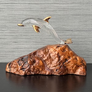 Vintage Glass Dolphin Figurine 22k Gold Plated Decoration on Wooden Base