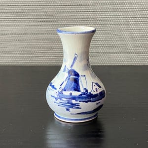 VTG Miniature Delft Holland Porcelain Vase, Windmills Design, Marked, 2 1/2&quot; T.