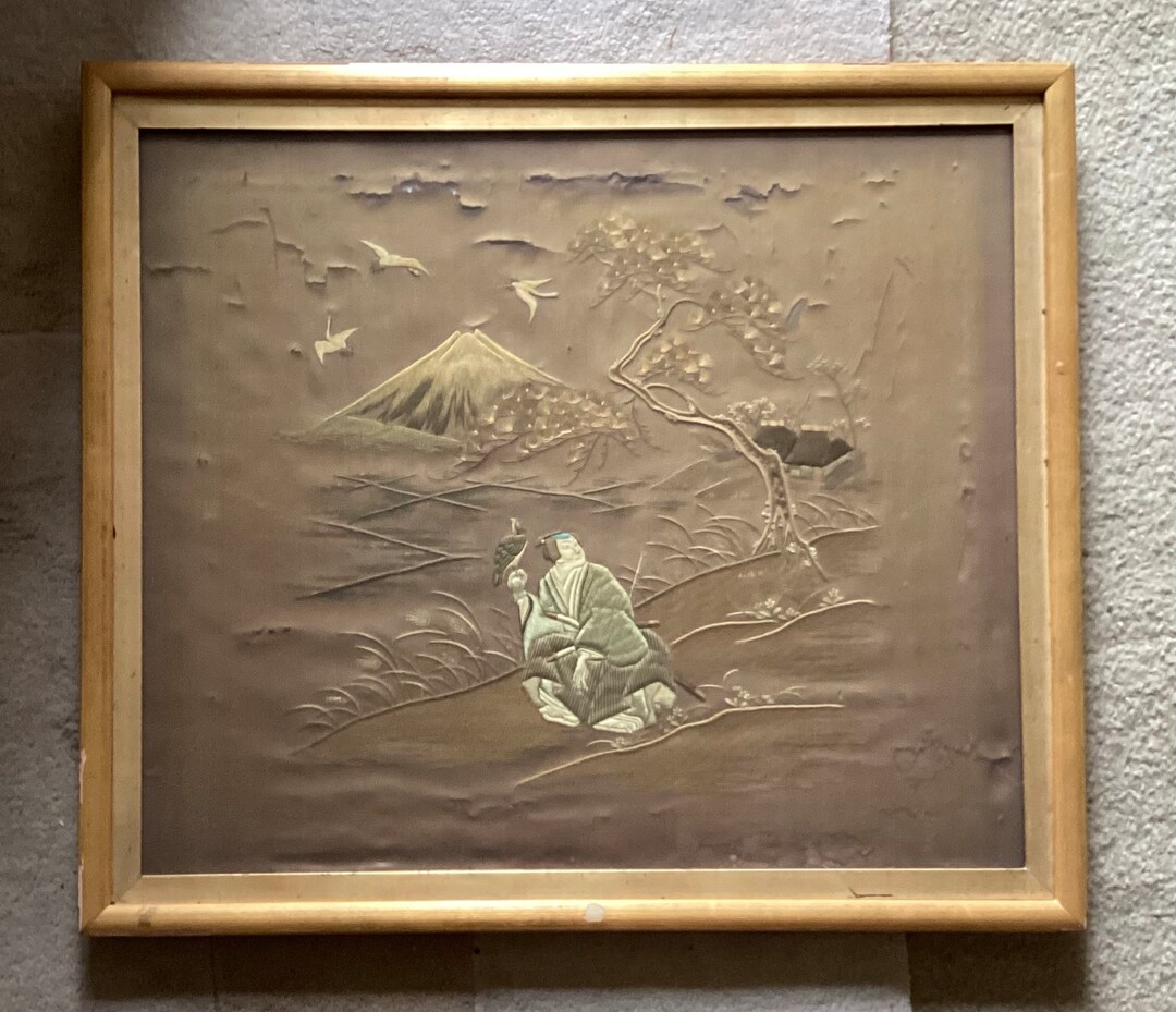 Antique Original Japanese Needlepoint Art on Fabric, Fuji, Birds