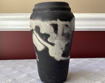 Vintage Japanese Vase, Black & White Abstract Design, Marked, 7 1/2” T