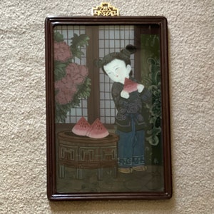 Vintage/Antique R.O.C. Chinese Reverse Glass Painting, Girl Eating Watermelon