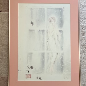 Louis Icart Vintage Offset Lithograph, Lady Watching it Snow Behind Window