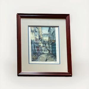 Antique Pencil Signed Etching, European Old Street Scene/ Antique Etching