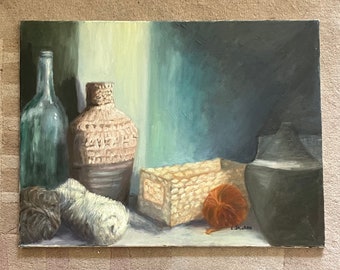 VTG Oil Painting On Canvas, Signed L. Stinson, Still Life of Bottles, etc.