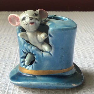 Vintage Miniature Japanese Ceramic Flower Holder, Mouse in a Top Hat Figurine