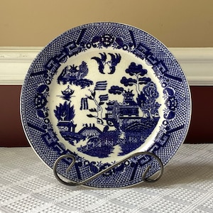 Vintage Japanese Porcelain Blue & White Dinner Plate, 9 1/4” Wide