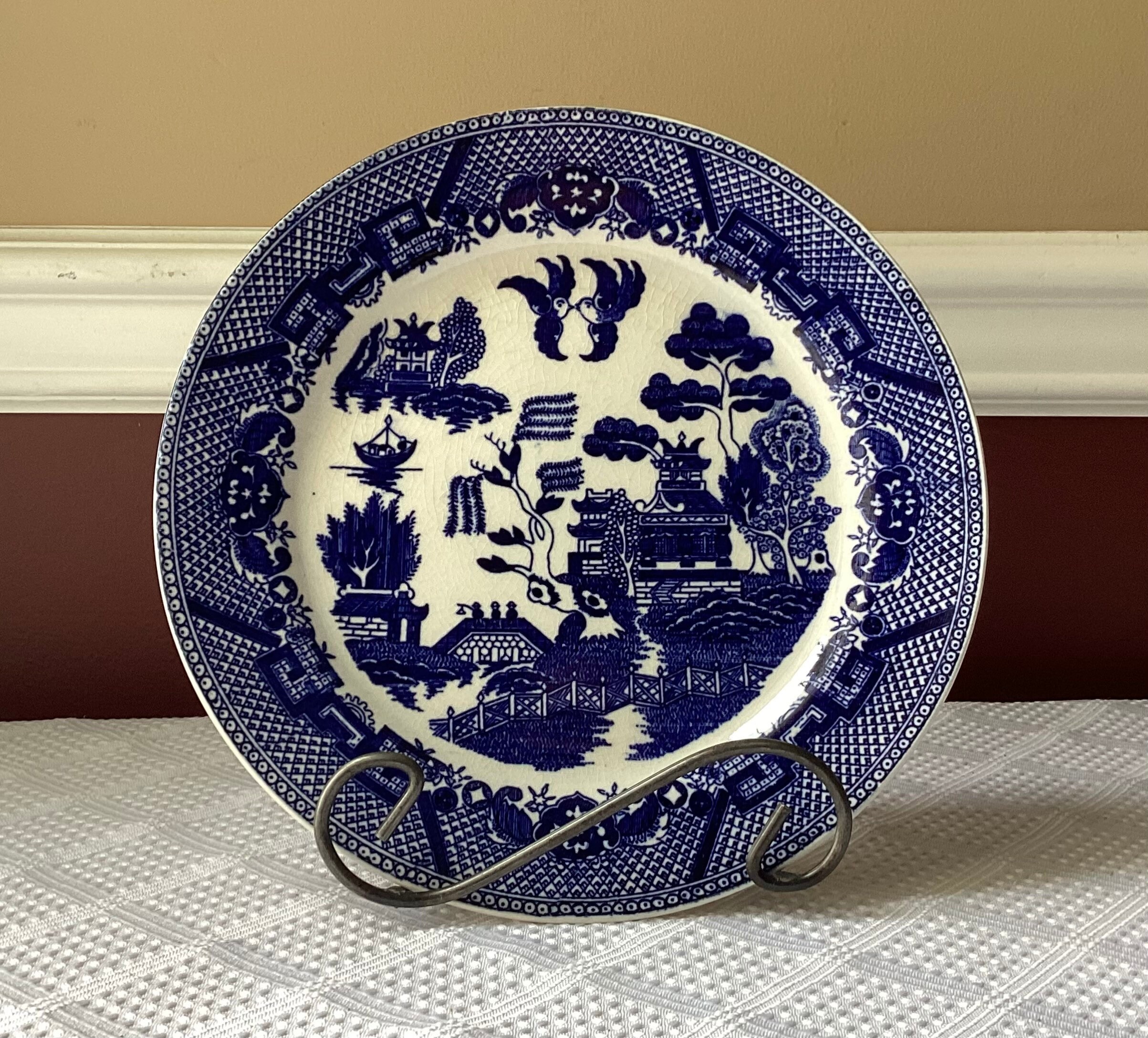 Vintage Japanese Porcelain Blue & White Dinner Plate, 9 1/4” Wide