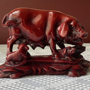 Vintage Chinese Heavy Resin Mama Pig With Piglets Figurine, 5 1/8” Long