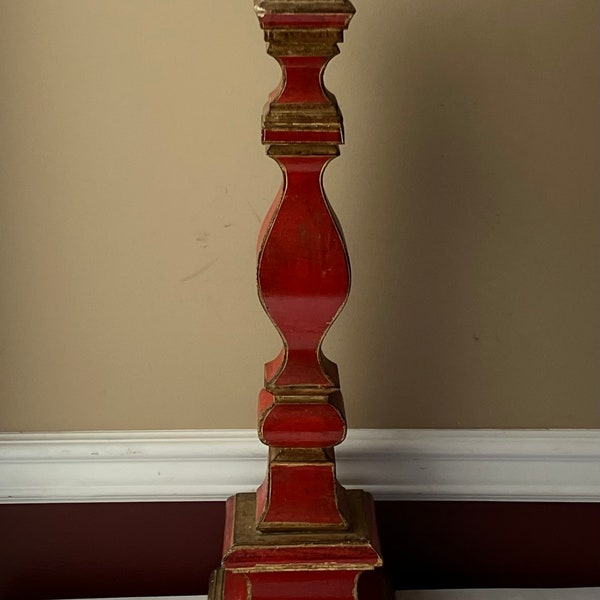 VTG Tall Italian Wooden Candlestick Holder, 24 3/4" T, Red Color, Made in Italy