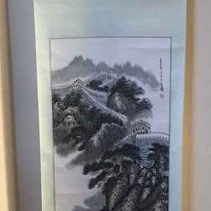 Vintage Original Chinese Hand Painted Scroll, Depicts The Great Wall Of China