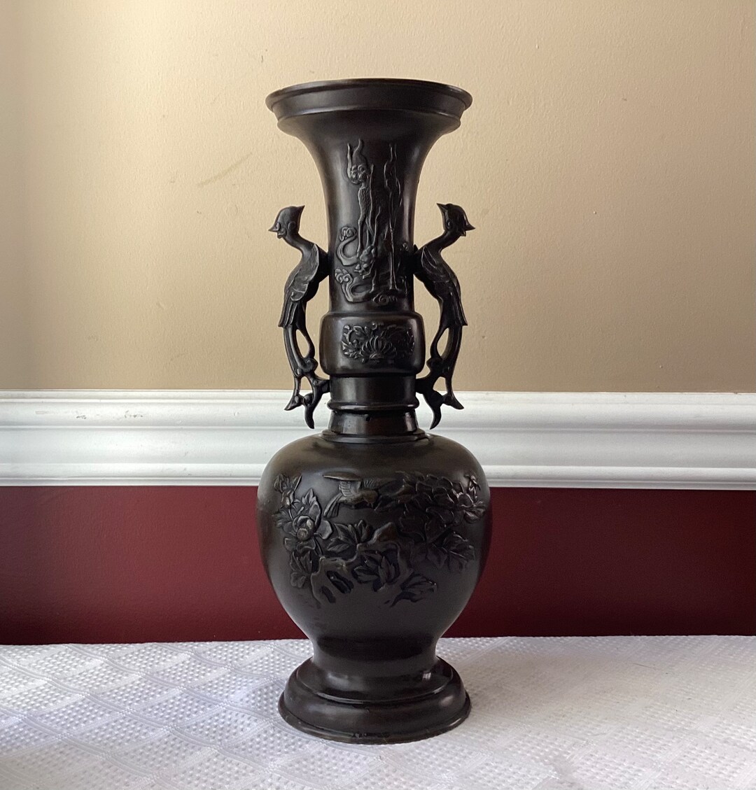 Vintage Chinese Bronze Vase With Phoenix Handles, Birds Design, 15 T