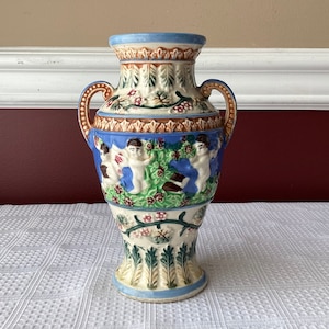 Vintage Japanese Double Handled 3D Porcelain Vase with Cherubs, 7” Tall
