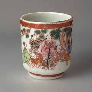 Antique Japanese Kutani Porcelain Hand Painted Figural Teacup, Unmarked, 2 3/4&quot; T.