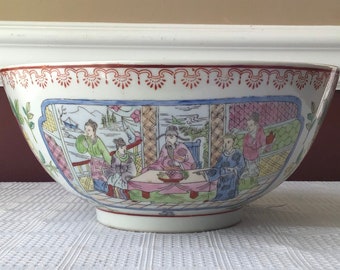 Vintage Chinese Porcelain Rose Medallion/ Famille Rose Bowl/ Palace Scene